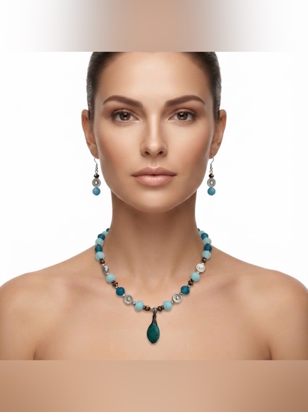 EMBERLY Turquoise Beaded Pendant Necklace and Earrings Set